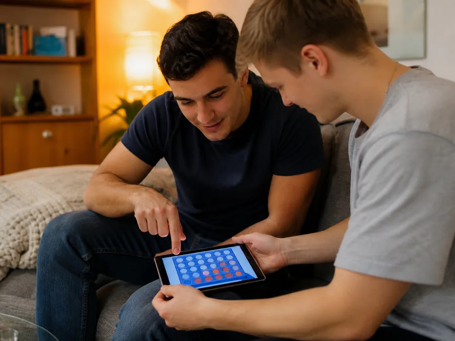 Two players sharing one device for a face-to-face Four in a Row game